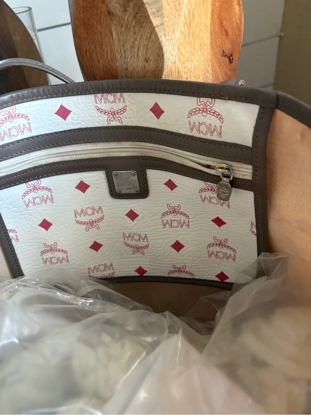 MCM White & Pink Logo Coated Canvas Tote with Brown Trim